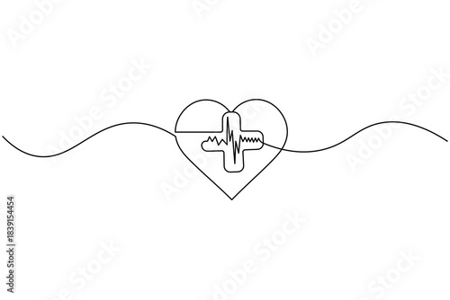 Heart with medical cross continuous one line art minimalist outline design
