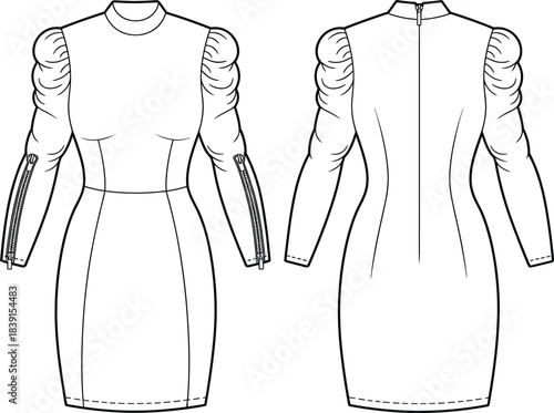 Technical Flat Drawing Vector Illustration of Women's Mini Bodycon Dress with Puffed Ruched Long Sleeves, Mock Neck, and Decorative Zipper Details, Cad Template for Fashion Designers.