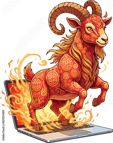 Chinese New Year Goat Emerging from Laptop Vector Illustration