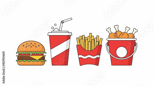 Vibrant Fast Food Illustration Featuring Hamburger, Red Drink, Fries, and Chicken Wings on a Clean White Background