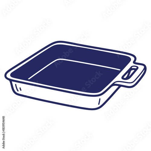 Simple Illustrated Square Baking Dish Design for Culinary Recipes and Kitchen Concepts Depicted in Navy Blue on White Background