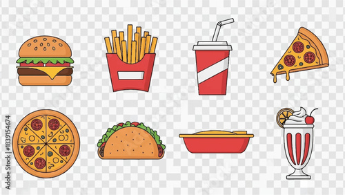 Showcasing fast‑food illustration with cheeseburger, fries, pizza, taco, milkshake on transparent canvas, top‑down view
