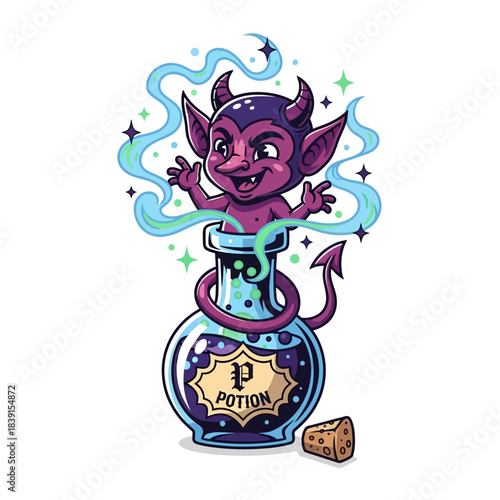 Cartoon devil emerging from a bubbling purple potion bottle with magical blue smoke and sparkling stars