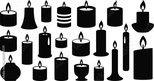Collection of black silhouette candles in various shapes and sizes