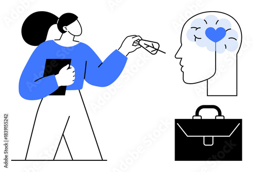 Mental health, workplace wellness, corporate care, emotional intelligence, balance, productivity. Person holding clipboard, human mind with heart briefcase. Mental health and workplace wellness