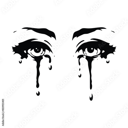 black and white illustration hand drawn of crying eyes shedding tears vector style