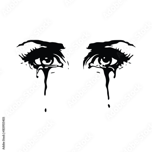 black and white illustration hand drawn of crying eyes shedding tears vector style