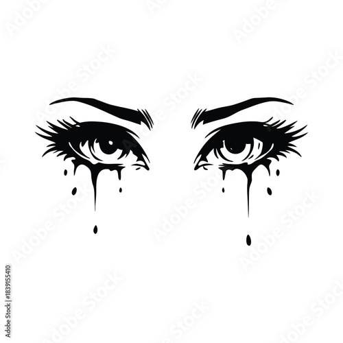 black and white illustration hand drawn of crying eyes shedding tears vector style