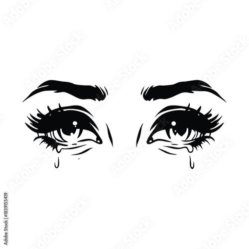 black and white illustration hand drawn of crying eyes shedding tears vector style
