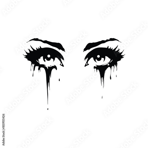 black and white illustration hand drawn of crying eyes shedding tears vector style