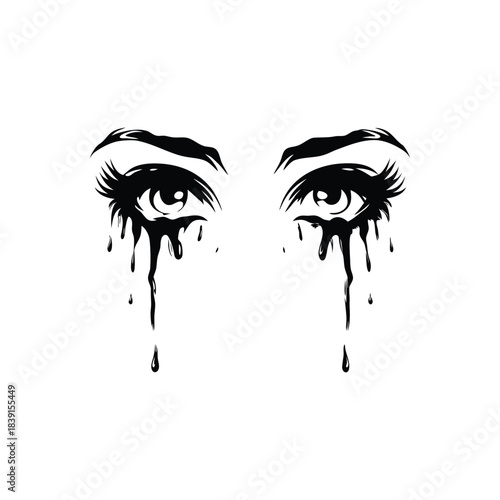 black and white illustration hand drawn of crying eyes shedding tears vector style