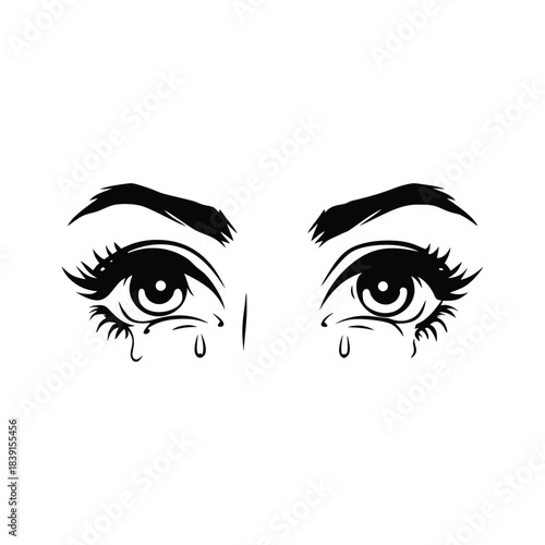 black and white illustration hand drawn of crying eyes shedding tears vector style