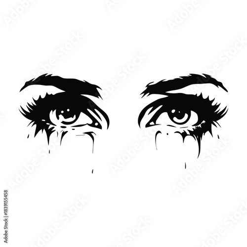 black and white illustration hand drawn of crying eyes shedding tears vector style