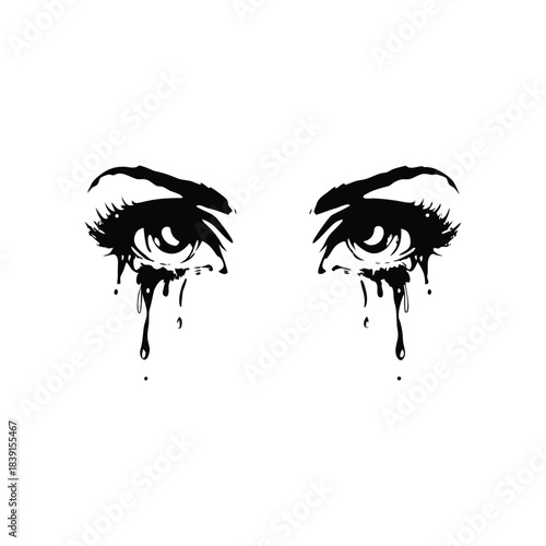 black and white illustration hand drawn of crying eyes shedding tears vector style