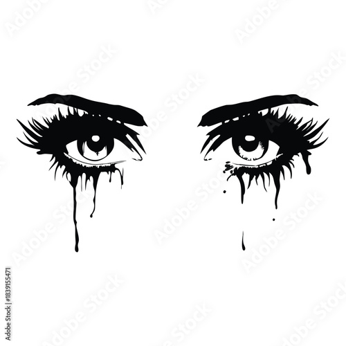 black and white illustration hand drawn of crying eyes shedding tears vector style