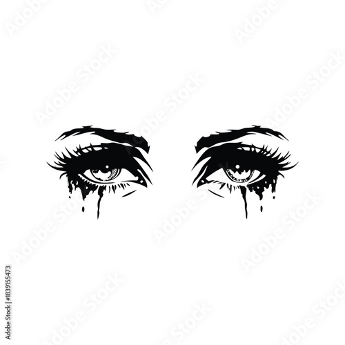 black and white illustration hand drawn of crying eyes shedding tears vector style