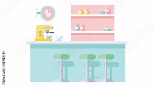 Cartoon kitchen view with a blue counter, green stools, yellow blender, white bowl and shelves, captured from a front angle