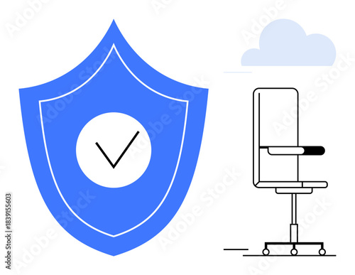 Workplace safety, cybersecurity, employee wellness, ergonomic design, work environment, digital protection. Blue shield with checkmark and office chair. Workplace safety and cybersecurity concept
