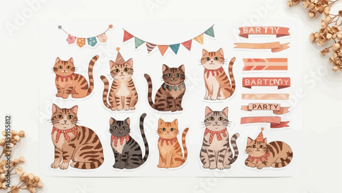 Adorable cat illustrations with party decorations and banners.