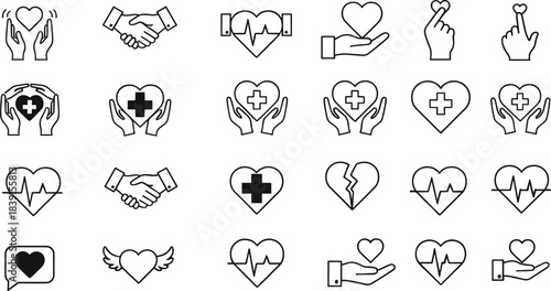 Large vector collection of line art icons symbolizing love, health, medical care, charity, relationship, and connection, featuring hearts, hands, and pulse lines.