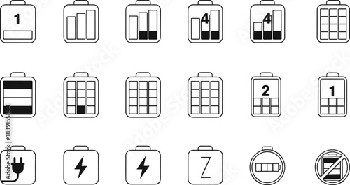 Large vector icon set illustrating various battery power concepts including charge levels shown by bars, numeric indicators, charging plugs, and error warnings.