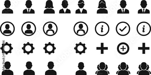 Comprehensive vector collection of interface icons for user profile, administration, settings gear, information, group, and add symbols for web and app design.