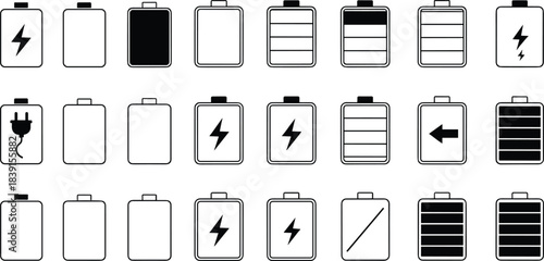 Large vector icon set illustrating various battery charge levels, charging status, low power warning, and error states for electronic devices and interfaces.