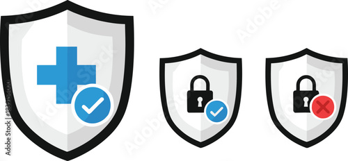 Flat vector illustration set of security and health shields, featuring a medical cross, locked padlocks, and checkmark cross symbols for safety status.