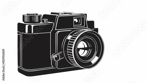 Monochrome vector illustration of a classic vintage camera.