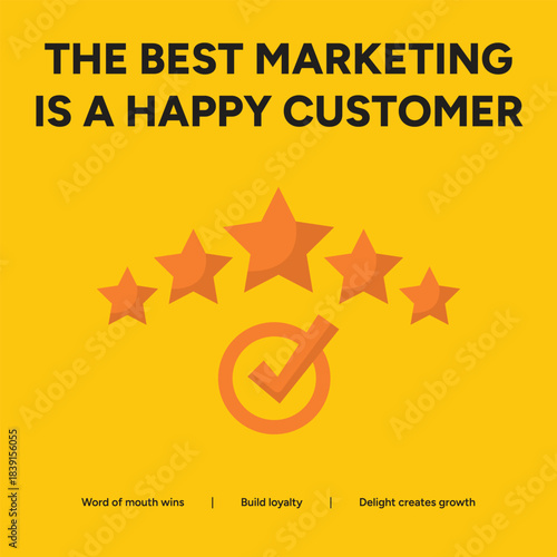The best marketing is a happy customer business concept with five stars and checkmark, emphasizing the importance of customer satisfaction