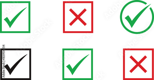 Collection of approval and rejection symbols, featuring green checkmarks and red crosses, presented within square frames and a circular green outline for success.