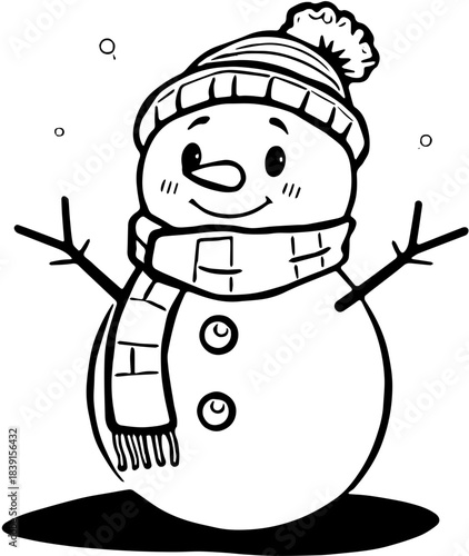 Black and White SVG Cute Snowman Character Vector – Winter Holiday Snowman Illustration