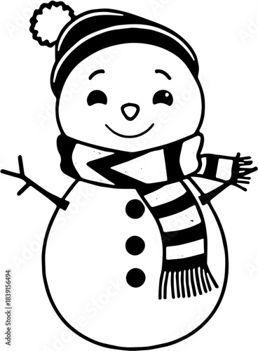 Black and White SVG Cute Snowman Character Vector – Winter Holiday Snowman Illustration