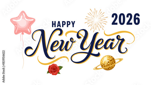 Modern Happy New Year 2026 Greeting Design with Minimalist Style and Reflection Effect
