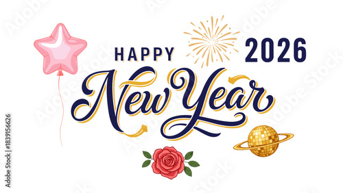 Modern Happy New Year 2026 Greeting Design with Minimalist Style and Reflection Effect