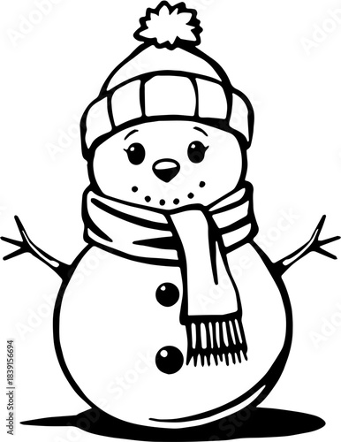 Black and White SVG Cute Snowman Character Vector – Winter Holiday Snowman Illustration