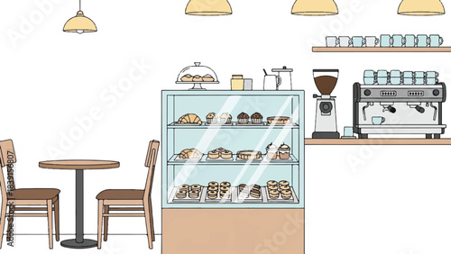 Coffee Shop Interior with Pastry Display, Tables, Espresso Machine, Modern Cafe Setting, Side View