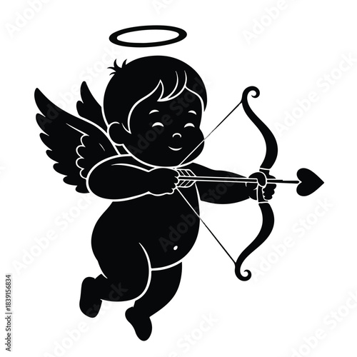 Flying Cupid Angel with Bow and Heart Arrow Silhouette Graphic Illustration in Minimalist Style
