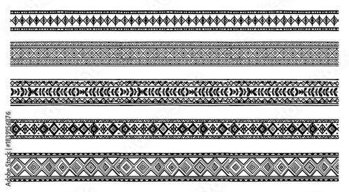 Set of hand drawn tribal borders with geometric ethnic patterns and bohemian ornaments vector seamless dividers