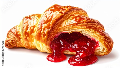 Flaky golden croissant filled with rich, glossy strawberry jam spilling out onto the surface