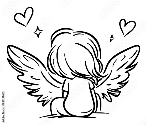 Hand drawn cute little angel girl sitting back view with wings and hearts vector sketch