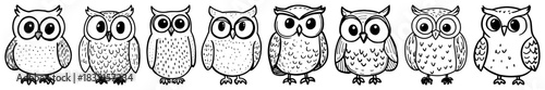 Set of hand drawn owl borders with cute cartoon birds and funny forest animal sketch vector dividers