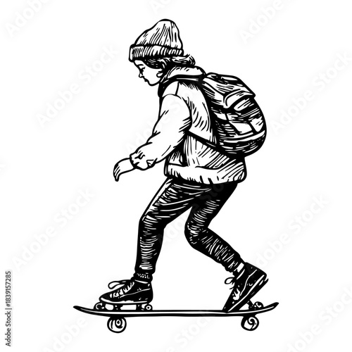 Hand drawn skater boy riding skateboard vector illustration sketch style teenager with backpack and beanie urban sport character