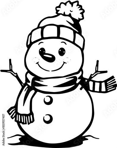 Black and White SVG Cute Snowman Character Vector – Winter Holiday Snowman Illustration