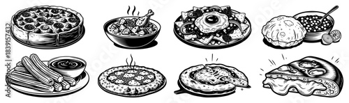 Set of hand drawn food illustrations with pizza churros stew and international meals vector sketches