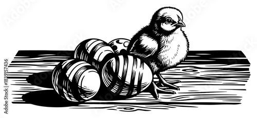 Hand drawn Easter composition with baby chick and striped eggs woodcut style vector illustration