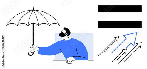 Man holding umbrella for protection alongside arrows symbolizing growth and progress, equality icon emphasizing fairness. Ideal for insurance, success, equality, business, resilience, innovation