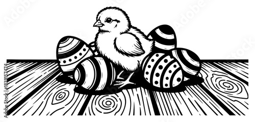 Hand drawn Easter chick with decorated eggs on wooden table vector illustration sketch style spring holiday composition
