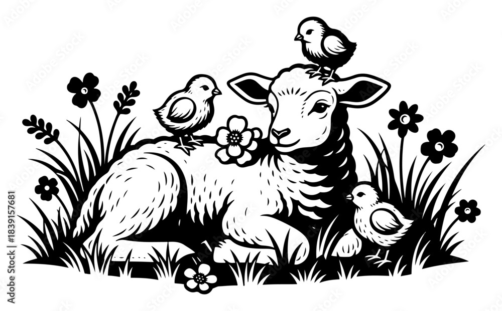 Fototapeta premium Hand drawn Easter lamb with little chicks and spring flowers vector silhouette illustration