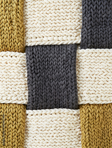 knitted texture background using thick yarn in cream mustard yellow and charcoal gray colors